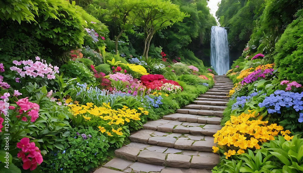 Fototapeta premium Breathtaking Floral Stairway with Waterfall A Paradise Garden 
