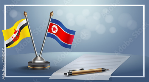 Brunei and North Korea National flags on small table with bokeh background, cooperative relationship