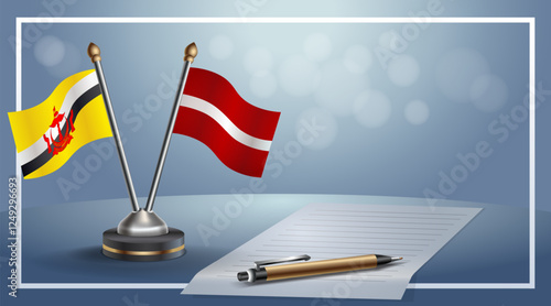 Brunei and Latvia National flags on small table with bokeh background, cooperative relationship