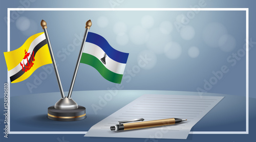 Brunei and Lesotho National flags on small table with bokeh background, cooperative relationship