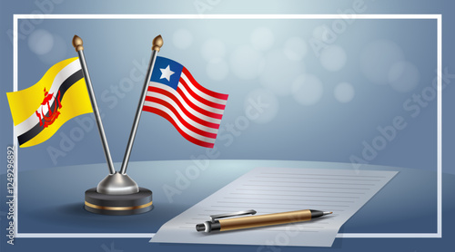 Brunei and Liberia National flags on small table with bokeh background, cooperative relationship