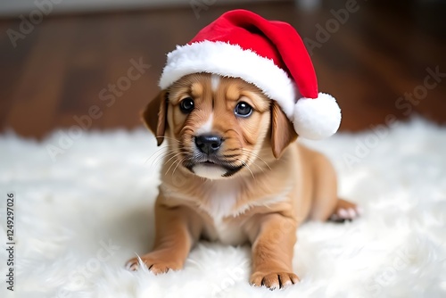 Festive puppy in santa hat home pet photography cozy indoors close-up holiday spirit photo