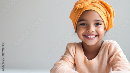 Cute child smiling brightly in pastel outfit, sitting on a clean white floor, advocating for clean drinking water to prevent infections. photo