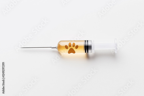 Vaccine syringe with paw print icon on neutral background. World Rabies Day. Domestic animals vaccination