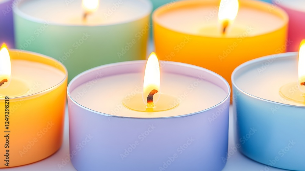 Array of Glowing Colorful Candles Set Against a Plain White Background Closeup View. Array of Glowing Colorful Candles Set Against a Plain White Background Closeup View.