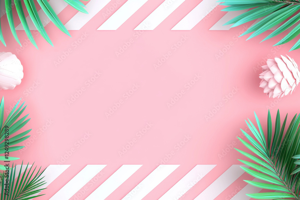 Tropical leaves and pinecones on pink background with stripes Tropical leaves and pinecones on pink background with stripes
