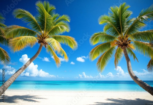 Palm Trees Leaning Over White Sand Beach on Tropical Island