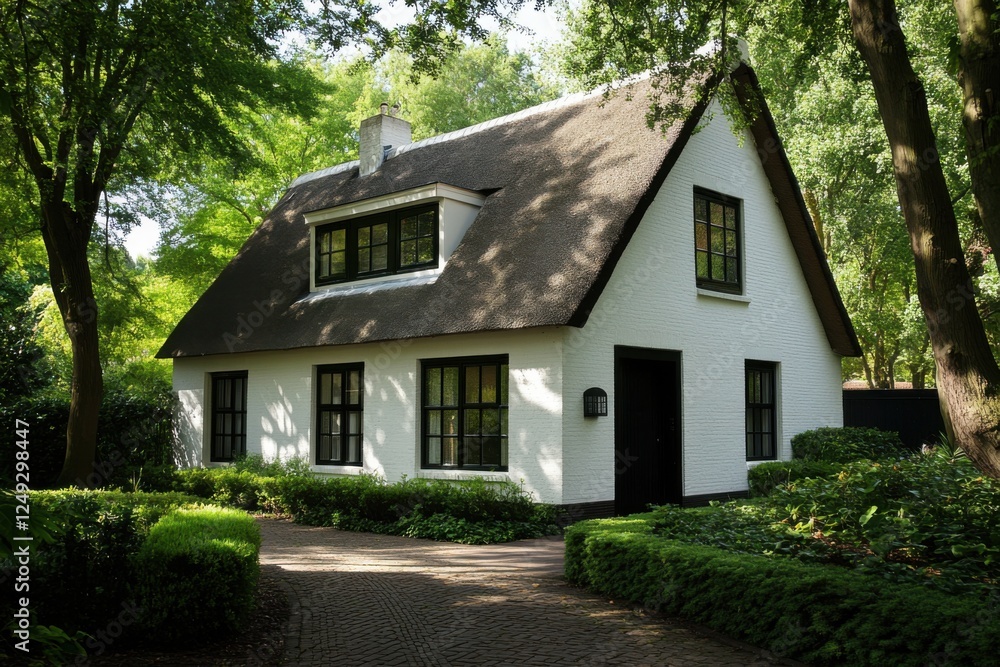 Charming white house with thatched roof surrounded by lush greenery in a serene residential neighborhood during sunny daylight Charming white house with thatched roof surrounded by lush greenery in a serene residential neighborhood during sunny daylight