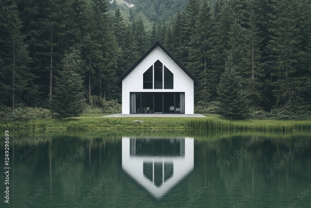 Fototapeta premium Modern white house with striking architecture located by a tranquil lake surrounded by dense evergreen forests during a calm afternoon