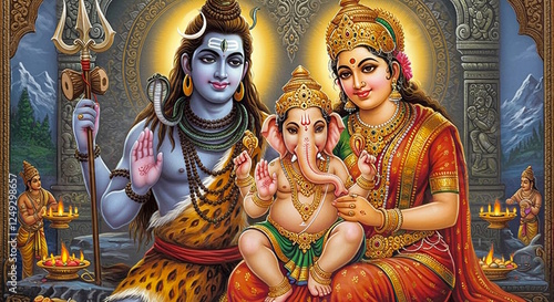 beautiful portrait of Hindu religion god Shiva or shiv with goddess Parvati and Ganesha