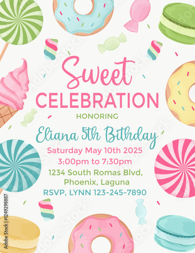 Birthday invitation card vector template design. Sweet birthday Party theme with donut, candy,  lollipops, macarons and ice cream watercolor background.