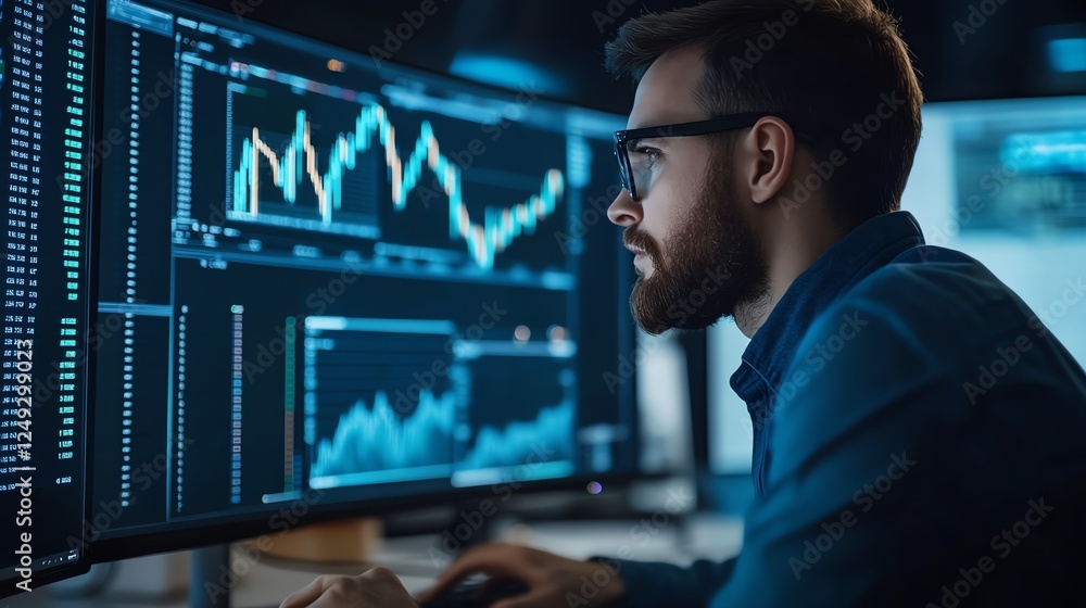 Financial analyst forecasting market trends on a computer Financial analyst forecasting market trends on a computer