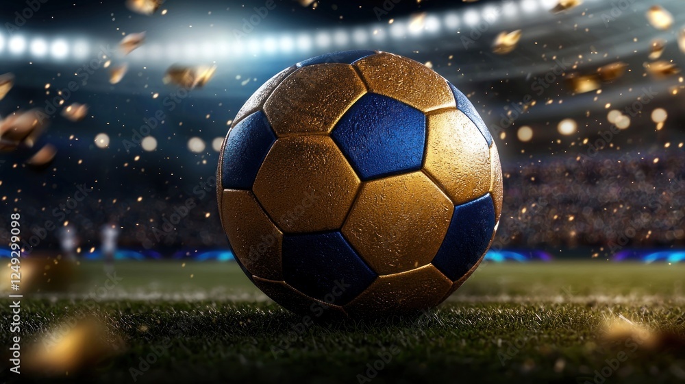 Fototapeta premium A close-up of a blue and gold soccer ball on a field, with a stadium crowd and lights in the background