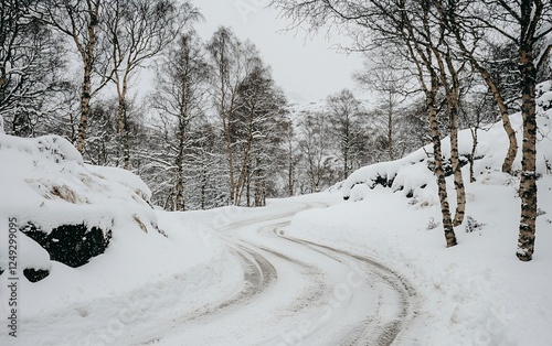 Snowy winter road winding through forest.  Possible use Stock photo for travel or nature publications. photo