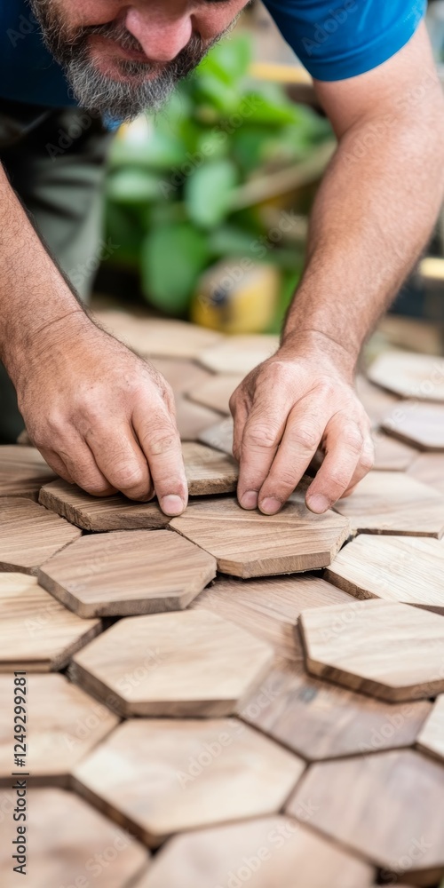 Obraz premium Craftsman Arranging Wooden Hexagons for a Unique Puzzle Design