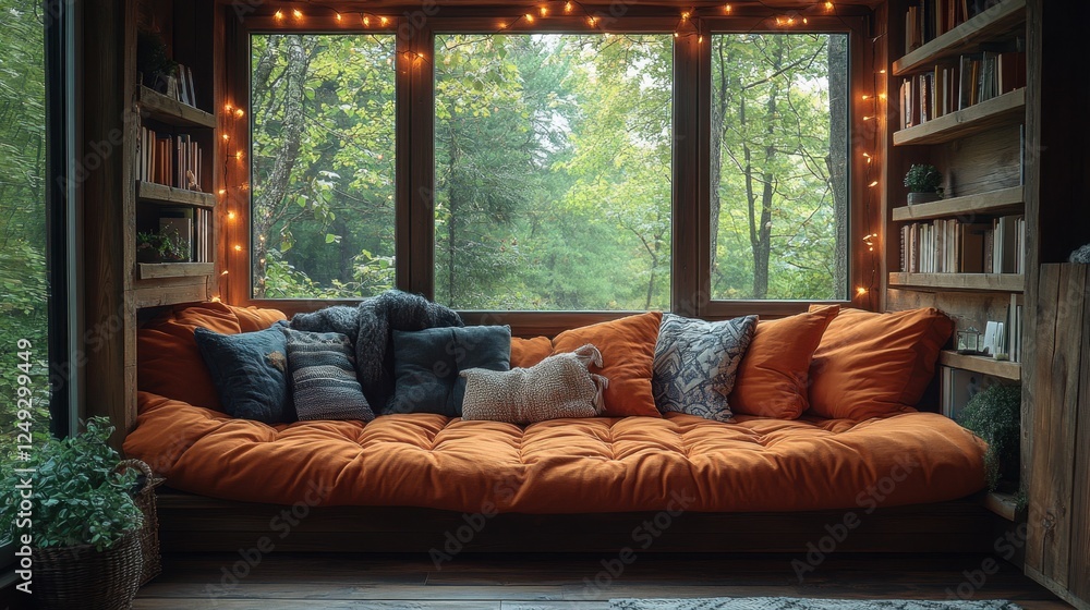 Fototapeta premium Reading nook with fairy lights and cozy blankets