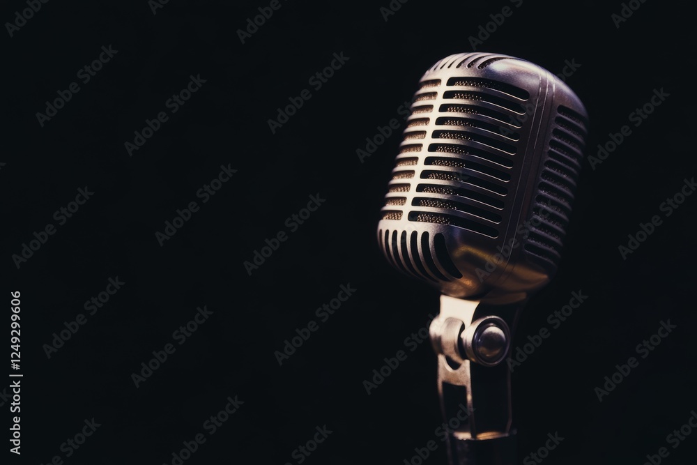 Fototapeta premium Vintage Microphone Against Dark Background Captures Nostalgic Auditory Experience