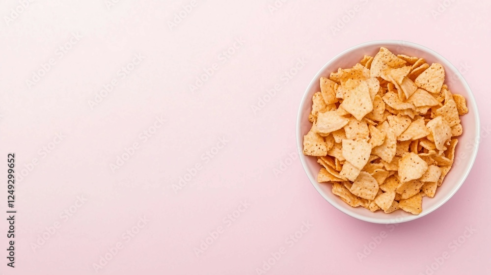 Crunchy Snack Chips in White Bowl on Pink Background Crunchy Snack Chips in White Bowl on Pink Background