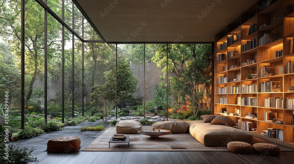 Fototapeta premium Relaxing space with floor-to-ceiling bookshelves