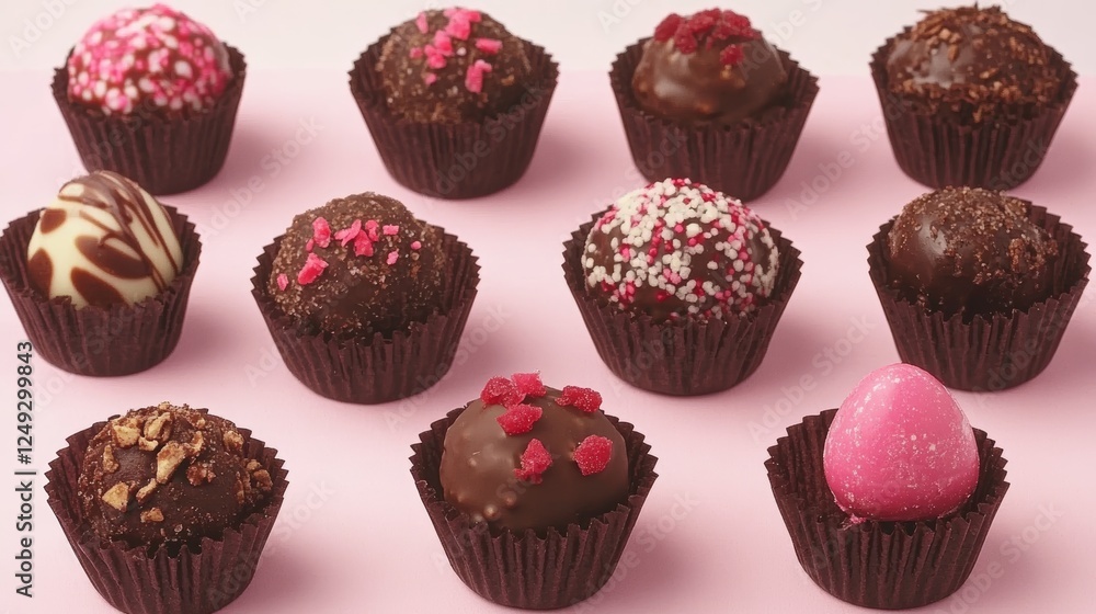 Assorted Chocolate Truffles in Paper Cups on Pink Background Delicious Confections Arrayed Sweet Treat. Assorted Chocolate Truffles in Paper Cups on Pink Background Delicious Confections Arrayed Sweet Treat.