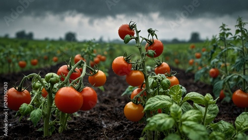 tomato field with ripened fruit hanging