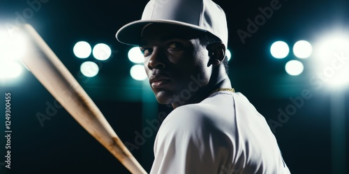 Confident Baseball Player Holding Bat Under Stadium Lights photo