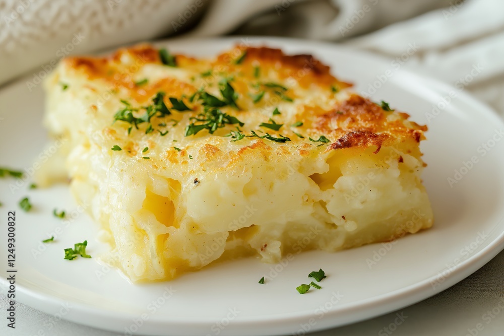 A delicious plate with potato casserole and herbs serves as a perfect option for savory breakfasts, combining flavors that delight every morning. A delicious plate with potato casserole and herbs serves as a perfect option for savory breakfasts, combining flavors that delight every morning.