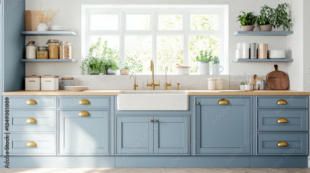 Fototapeta premium A kitchen with a blue countertop and cabinets, a sink, and a window