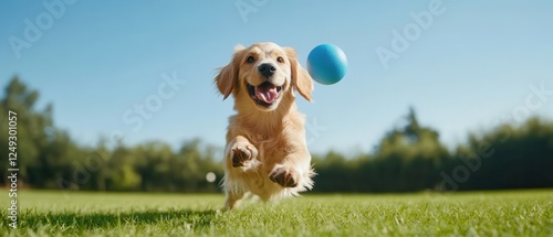 Fototapeta Naklejka Na Ścianę i Meble -  Happy dog leaping to catch ball in mid air on sunny day