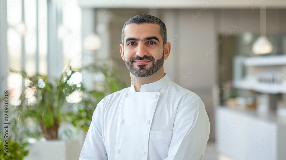 A man in a chef's uniform stands in front of a plant A man in a chef's uniform stands in front of a plant