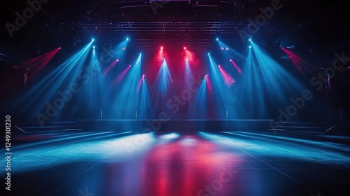 A wide shot of an empty stage with blue and red lights shining down, cinematic and hyper-realistic. photo