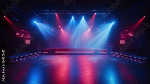 A wide shot of an empty stage with blue and red lights shining down, cinematic and hyper-realistic. photo