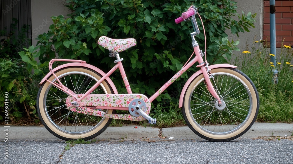 Pink child's bike parked curbside, floral design, plants Pink child's bike parked curbside, floral design, plants