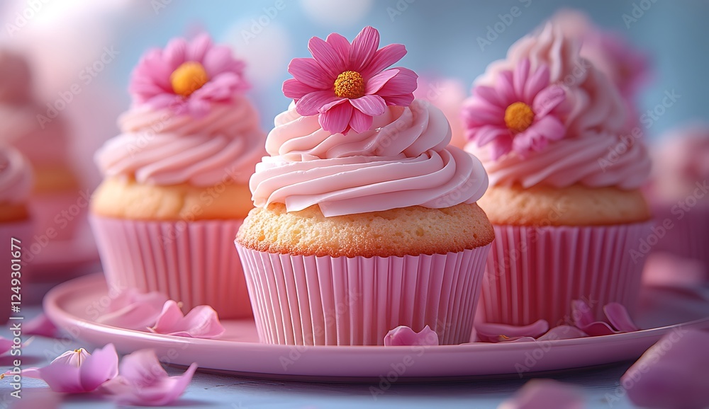 Pink Frosted Cupcakes with Delicate Flowers on a Pastel Plate Pink Frosted Cupcakes with Delicate Flowers on a Pastel Plate