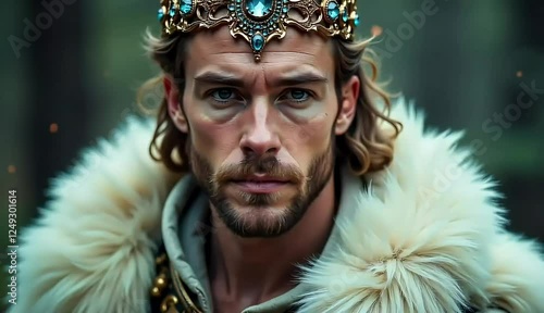 Intense Gaze, Regal Man with Jeweled Crown and Luxurious Fur Cloak