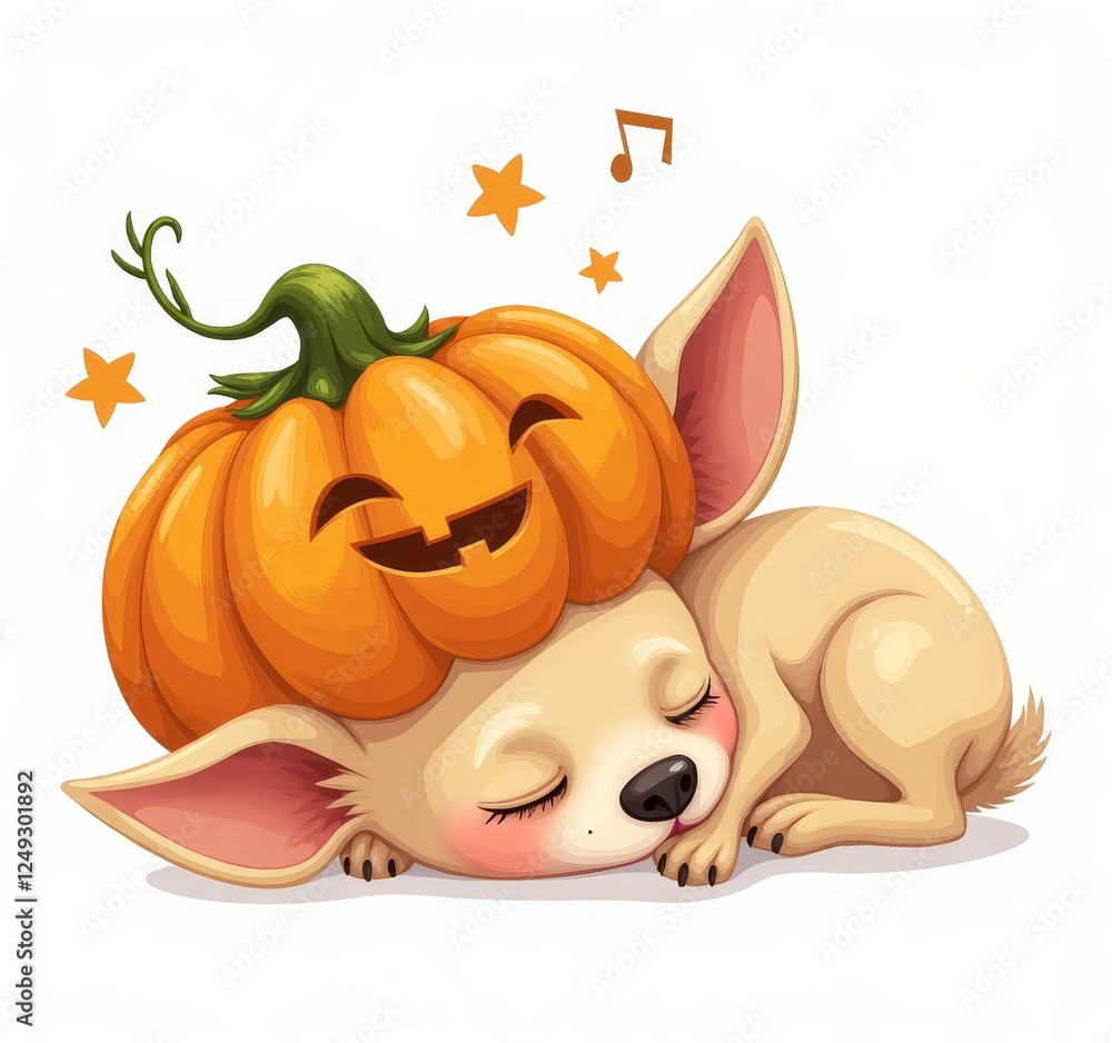 Fototapeta premium Sleeping Cartoon Dog with Pumpkin Hat and Stars