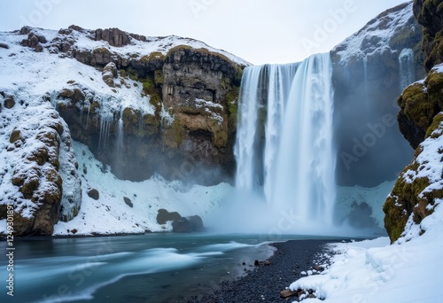 Skogafoss Waterfall in Winter with Snow-Covered Rocks