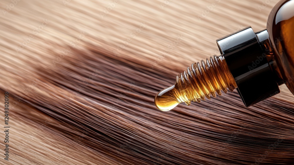 Hair Serum Repair Concept, Close-Up of Hair Oil Droplet on Healthy Hair Strand Showing Split Ends and Restoration Treatment Process Hair Serum Repair Concept, Close-Up of Hair Oil Droplet on Healthy Hair Strand Showing Split Ends and Restoration Treatment Process