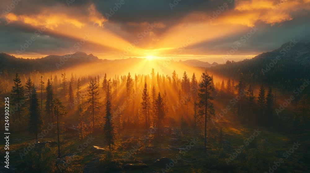 Obraz premium Mountain sunset rays forest landscape, nature scene