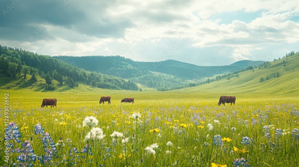 A herd of cows are grazing in a large, open field