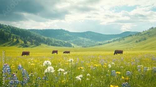Obraz na płótnie A herd of cows are grazing in a large, open field w salonie