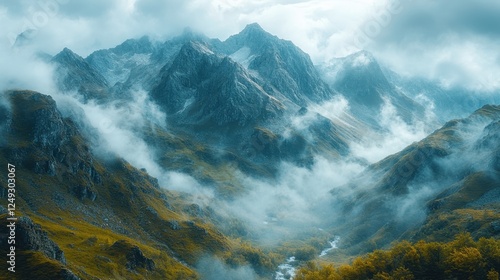 Tranquil mountain view with clouds rolling in