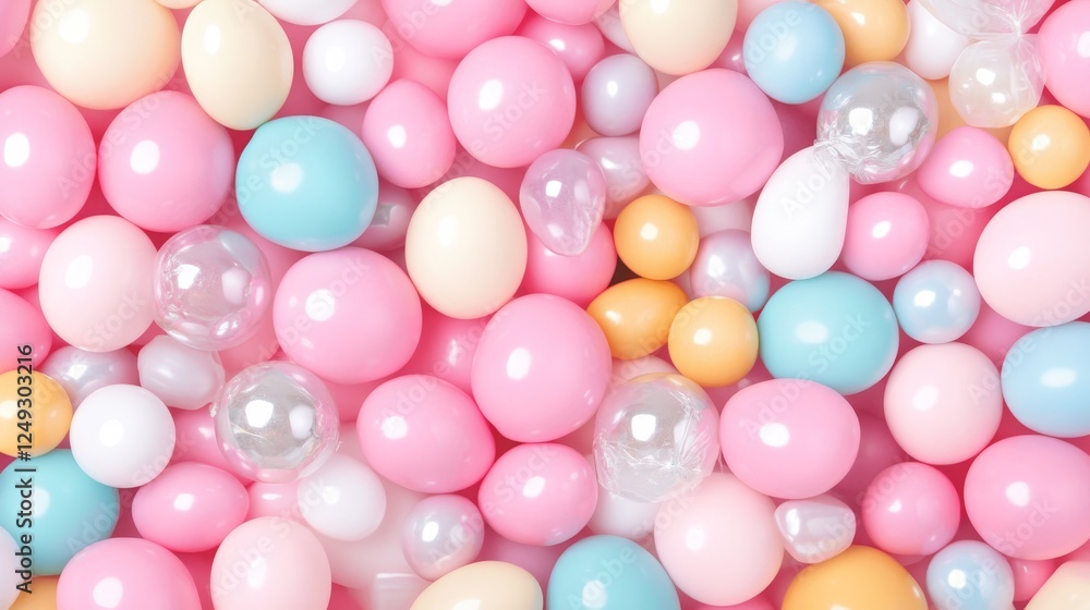 Assorted Pastel Spheres and Ovals With Some Translucent Gumball Like Objects Laying Together. Assorted Pastel Spheres and Ovals With Some Translucent Gumball Like Objects Laying Together.