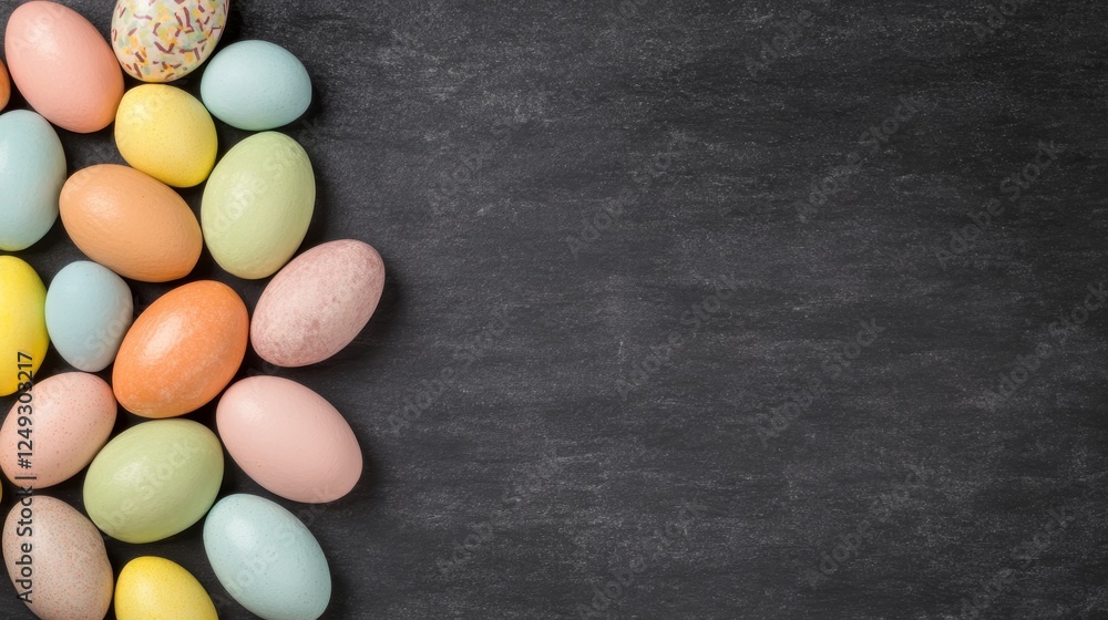 Obraz premium Assorted Pastel Eggs Layed On Dark Flat Background For Easter Holiday Celebration Decoration.