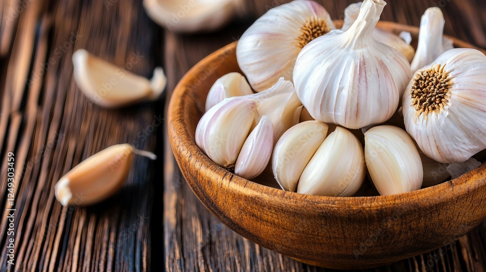 Fresh Garlic Cloves in Wooden Bowl on Rustic Wooden Background Fresh Garlic Cloves in Wooden Bowl on Rustic Wooden Background