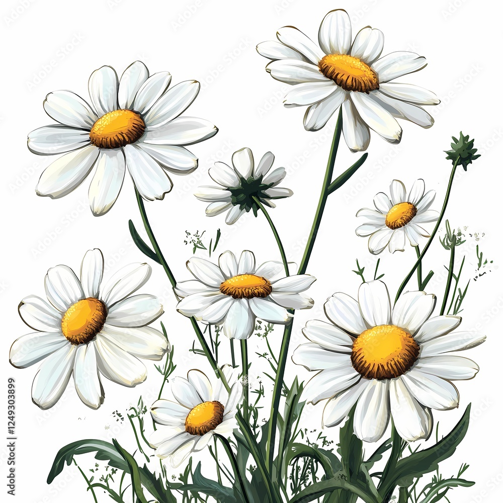 Fototapeta premium A patch of white daisies with yellow centers on a white background