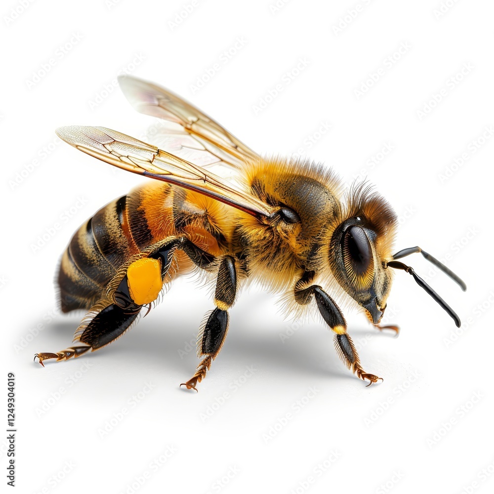 A honey bee walking alone on a clean white background a study of nature s pollinators A honey bee walking alone on a clean white background a study of nature s pollinators