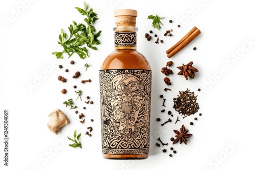 Norwegian aquavit bottle with Viking motifs and traditional spice illustrations, Scandinavian design, white background, cultural heritage photo