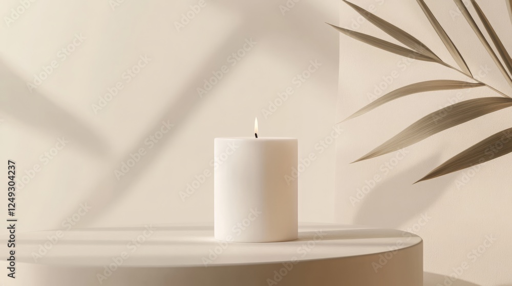 Minimalist white candle with leaf shadows on neutral background Minimalist white candle with leaf shadows on neutral background