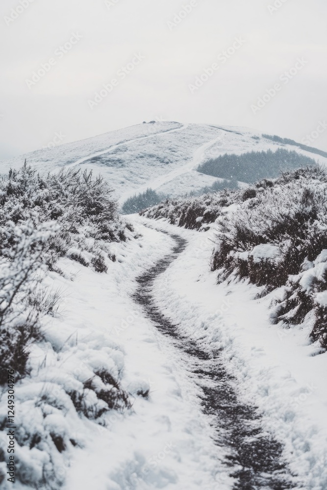 A snowy, overgrown trail leading into a mountainous landscape. A snowy, overgrown trail leading into a mountainous landscape.